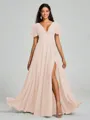 A-Line/Princess V-neck Floor-Length Short Sleeves Chiffon Bridesmaid Dress