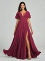 A-Line/Princess V-neck Floor-Length Short Sleeves Chiffon Bridesmaid Dress