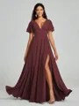 A-Line/Princess V-neck Floor-Length Short Sleeves Chiffon Bridesmaid Dress