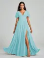 A-Line/Princess V-neck Floor-Length Short Sleeves Chiffon Bridesmaid Dress