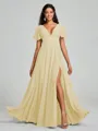 A-Line/Princess V-neck Floor-Length Short Sleeves Chiffon Bridesmaid Dress