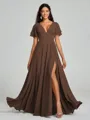 A-Line/Princess V-neck Floor-Length Short Sleeves Chiffon Bridesmaid Dress