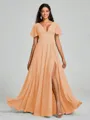A-Line/Princess V-neck Floor-Length Short Sleeves Chiffon Bridesmaid Dress