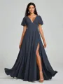 A-Line/Princess V-neck Floor-Length Short Sleeves Chiffon Bridesmaid Dress