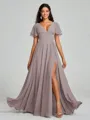 A-Line/Princess V-neck Floor-Length Short Sleeves Chiffon Bridesmaid Dress