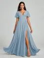 A-Line/Princess V-neck Floor-Length Short Sleeves Chiffon Bridesmaid Dress