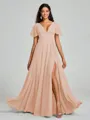 A-Line/Princess V-neck Floor-Length Short Sleeves Chiffon Bridesmaid Dress