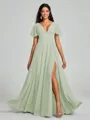 A-Line/Princess V-neck Floor-Length Short Sleeves Chiffon Bridesmaid Dress
