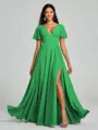 A-Line/Princess V-neck Floor-Length Short Sleeves Chiffon Bridesmaid Dress