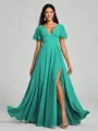 A-Line/Princess V-neck Floor-Length Short Sleeves Chiffon Bridesmaid Dress