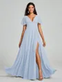 A-Line/Princess V-neck Floor-Length Short Sleeves Chiffon Bridesmaid Dress