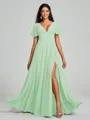 A-Line/Princess V-neck Floor-Length Short Sleeves Chiffon Bridesmaid Dress