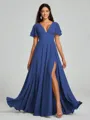 A-Line/Princess V-neck Floor-Length Short Sleeves Chiffon Bridesmaid Dress