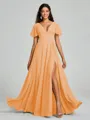 A-Line/Princess V-neck Floor-Length Short Sleeves Chiffon Bridesmaid Dress