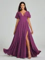 A-Line/Princess V-neck Floor-Length Short Sleeves Chiffon Bridesmaid Dress