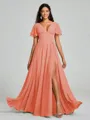 A-Line/Princess V-neck Floor-Length Short Sleeves Chiffon Bridesmaid Dress