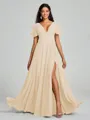 A-Line/Princess V-neck Floor-Length Short Sleeves Chiffon Bridesmaid Dress