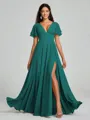 A-Line/Princess V-neck Floor-Length Short Sleeves Chiffon Bridesmaid Dress