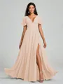 A-Line/Princess V-neck Floor-Length Short Sleeves Chiffon Bridesmaid Dress