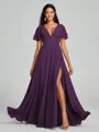 A-Line/Princess V-neck Floor-Length Short Sleeves Chiffon Bridesmaid Dress