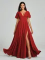 A-Line/Princess V-neck Floor-Length Short Sleeves Chiffon Bridesmaid Dress