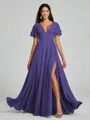 A-Line/Princess V-neck Floor-Length Short Sleeves Chiffon Bridesmaid Dress