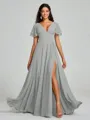 A-Line/Princess V-neck Floor-Length Short Sleeves Chiffon Bridesmaid Dress