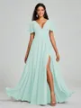 A-Line/Princess V-neck Floor-Length Short Sleeves Chiffon Bridesmaid Dress