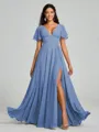 A-Line/Princess V-neck Floor-Length Short Sleeves Chiffon Bridesmaid Dress