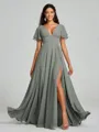 A-Line/Princess V-neck Floor-Length Short Sleeves Chiffon Bridesmaid Dress