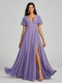 A-Line/Princess V-neck Floor-Length Short Sleeves Chiffon Bridesmaid Dress