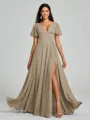 A-Line/Princess V-neck Floor-Length Short Sleeves Chiffon Bridesmaid Dress