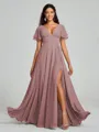 A-Line/Princess V-neck Floor-Length Short Sleeves Chiffon Bridesmaid Dress