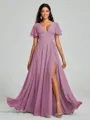 A-Line/Princess V-neck Floor-Length Short Sleeves Chiffon Bridesmaid Dress