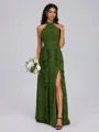 A-line Halter Ruffles Floor-Length Chiffon Bridesmaid Dress