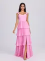 A-line Straps Cascading Ruffles Floor-Length Chiffon Bridesmaid Dress