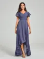 A-Line/Princess V-neck Asymmetrical Short Sleeves Chiffon Bridesmaid Dress