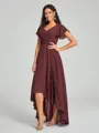 A-Line/Princess V-neck Asymmetrical Short Sleeves Chiffon Bridesmaid Dress