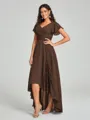 A-Line/Princess V-neck Asymmetrical Short Sleeves Chiffon Bridesmaid Dress