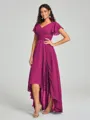 A-Line/Princess V-neck Asymmetrical Short Sleeves Chiffon Bridesmaid Dress