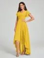 A-Line/Princess V-neck Asymmetrical Short Sleeves Chiffon Bridesmaid Dress