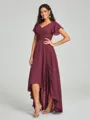 A-Line/Princess V-neck Asymmetrical Short Sleeves Chiffon Bridesmaid Dress