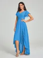 A-Line/Princess V-neck Asymmetrical Short Sleeves Chiffon Bridesmaid Dress