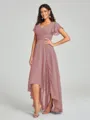 A-Line/Princess V-neck Asymmetrical Short Sleeves Chiffon Bridesmaid Dress