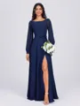 A-line Scoop Long Sleeves Sash/Ribbon/Belt Floor-Length Chiffon Bridesmaid Dress