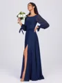 A-line Scoop Long Sleeves Sash/Ribbon/Belt Floor-Length Chiffon Bridesmaid Dress
