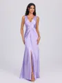 Sheath V-neck Pleated Floor-Length Silk Like Satin Bridesmaid Dress