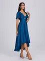 A-line V-neck Short Sleeves Pleated Asymmetrical Satin Chiffon Convertible Bridesmaid Dress