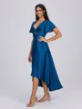 A-line V-neck Short Sleeves Pleated Asymmetrical Satin Chiffon Convertible Bridesmaid Dress