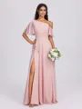 A-line Short Sleeves Ruffles Floor-Length Chiffon Bridesmaid Dress
